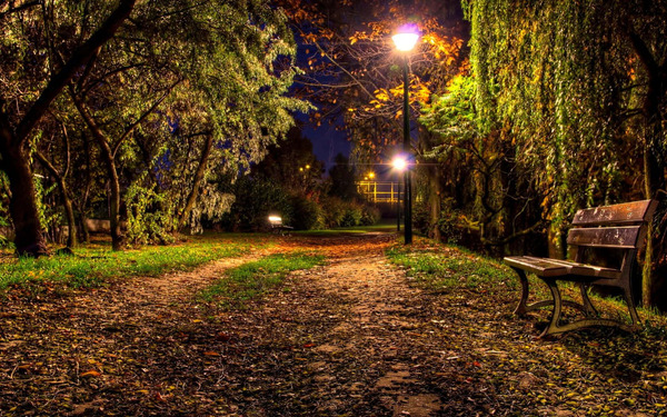 City park path with benches under soft evening light